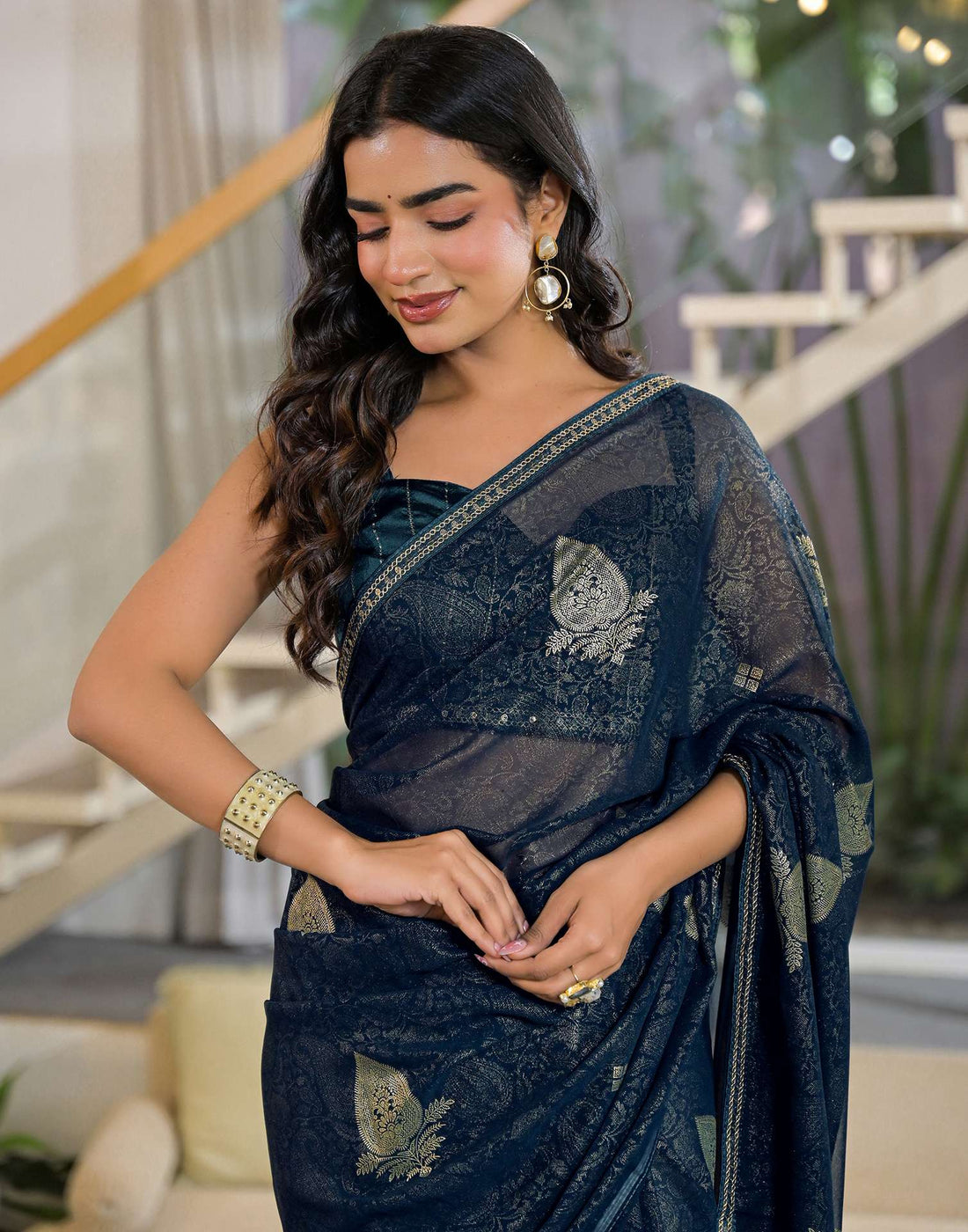 Rama Blue Georgette Foil Printed Lace Saree