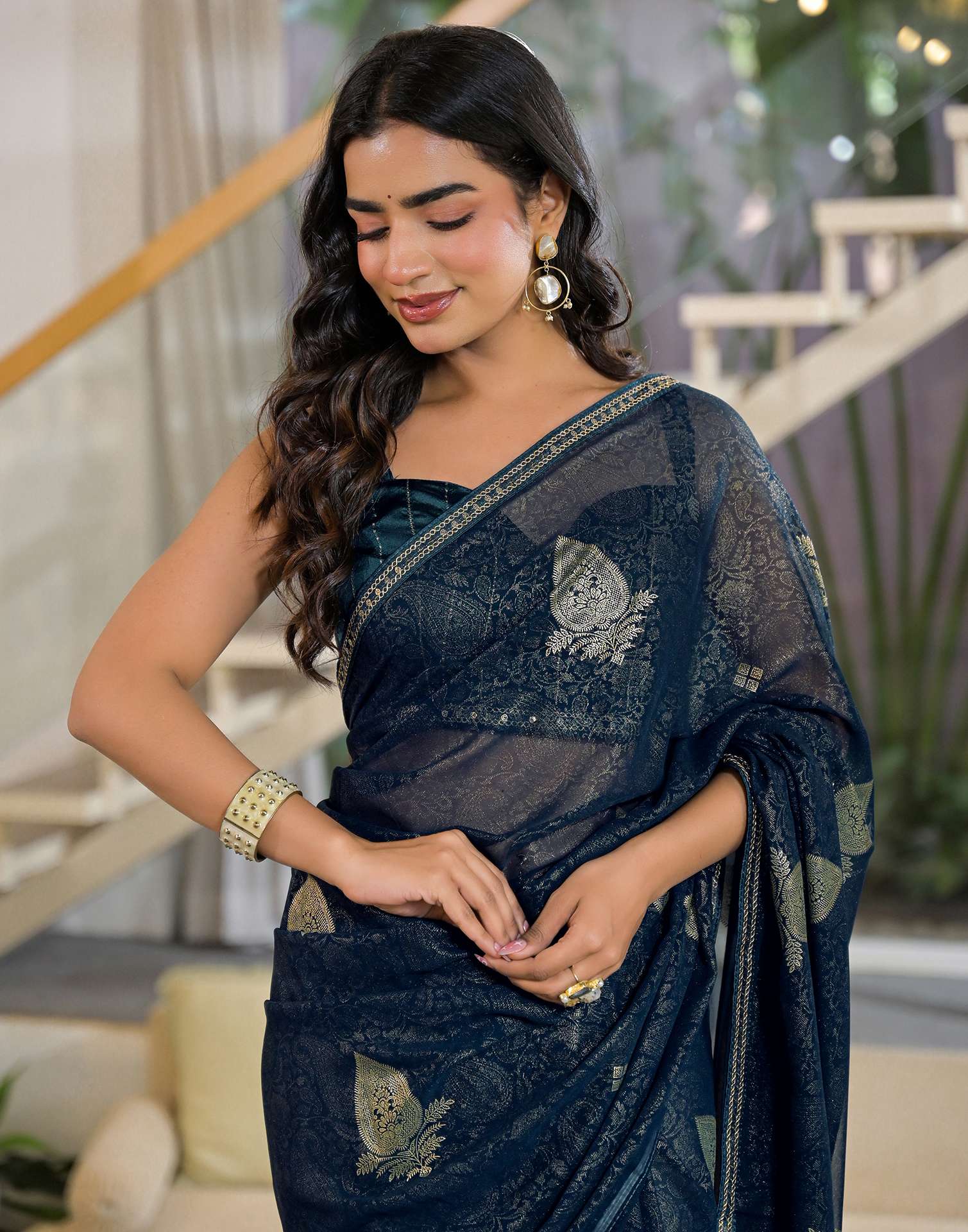 Rama Blue Georgette Foil Printed Lace Saree