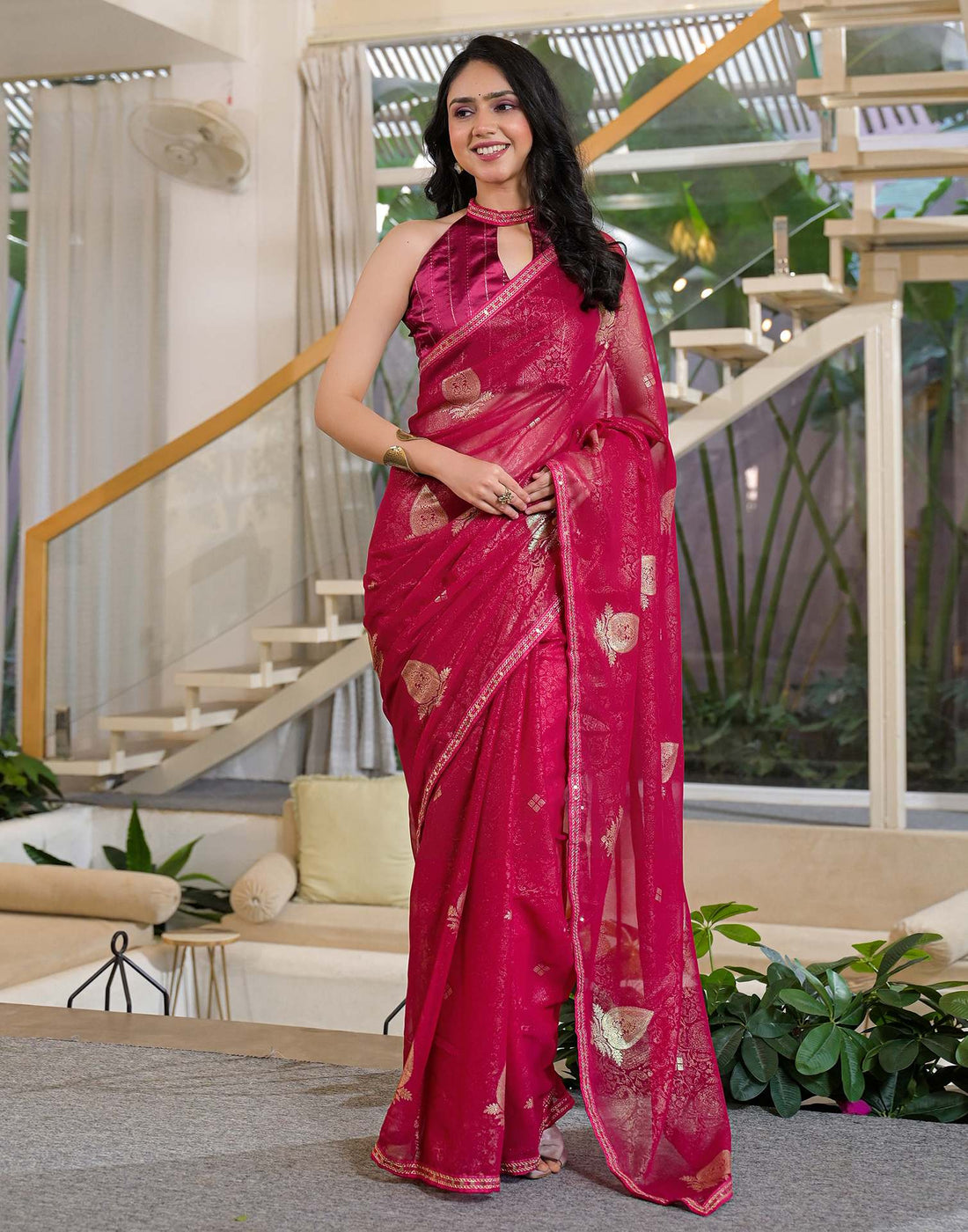 Rani Pink Georgette Foil Printed Lace Saree