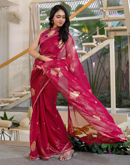 Rani Pink Georgette Foil Printed Lace Saree