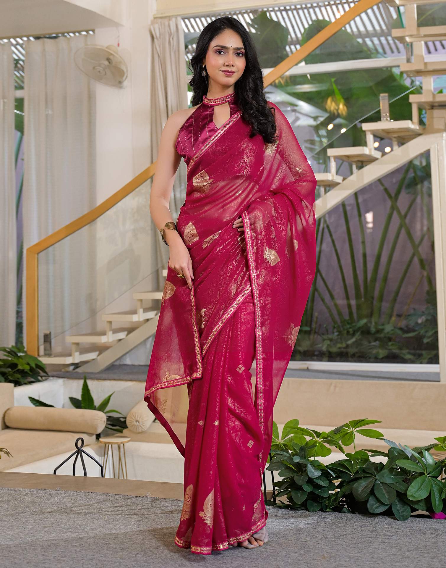 Rani Pink Georgette Foil Printed Lace Saree