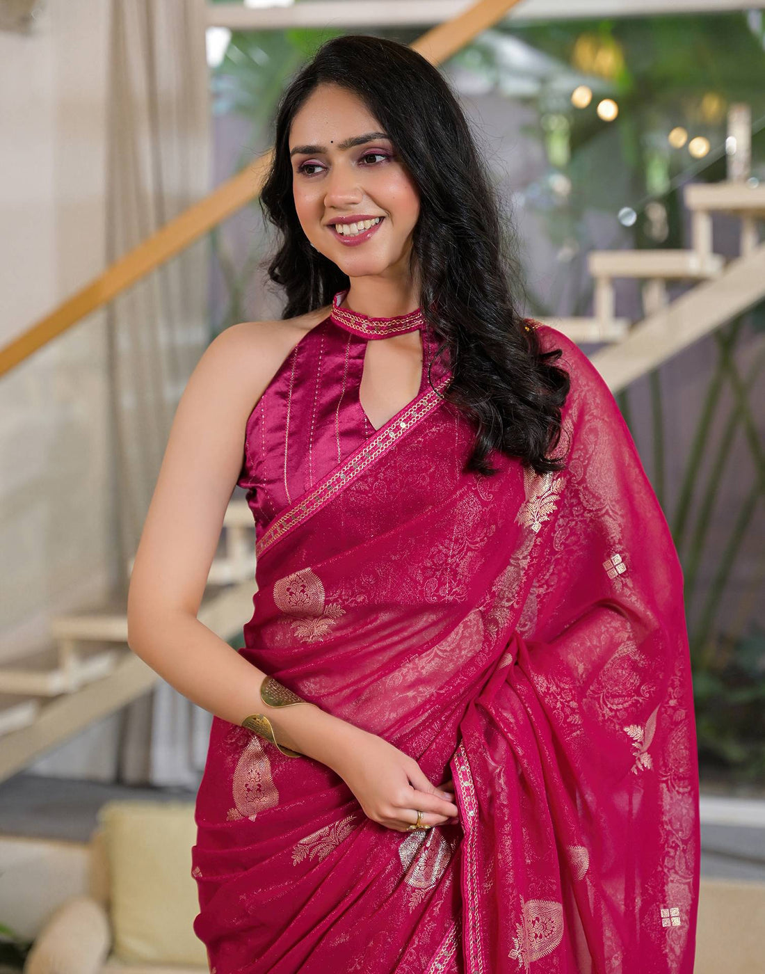 Rani Pink Georgette Foil Printed Lace Saree