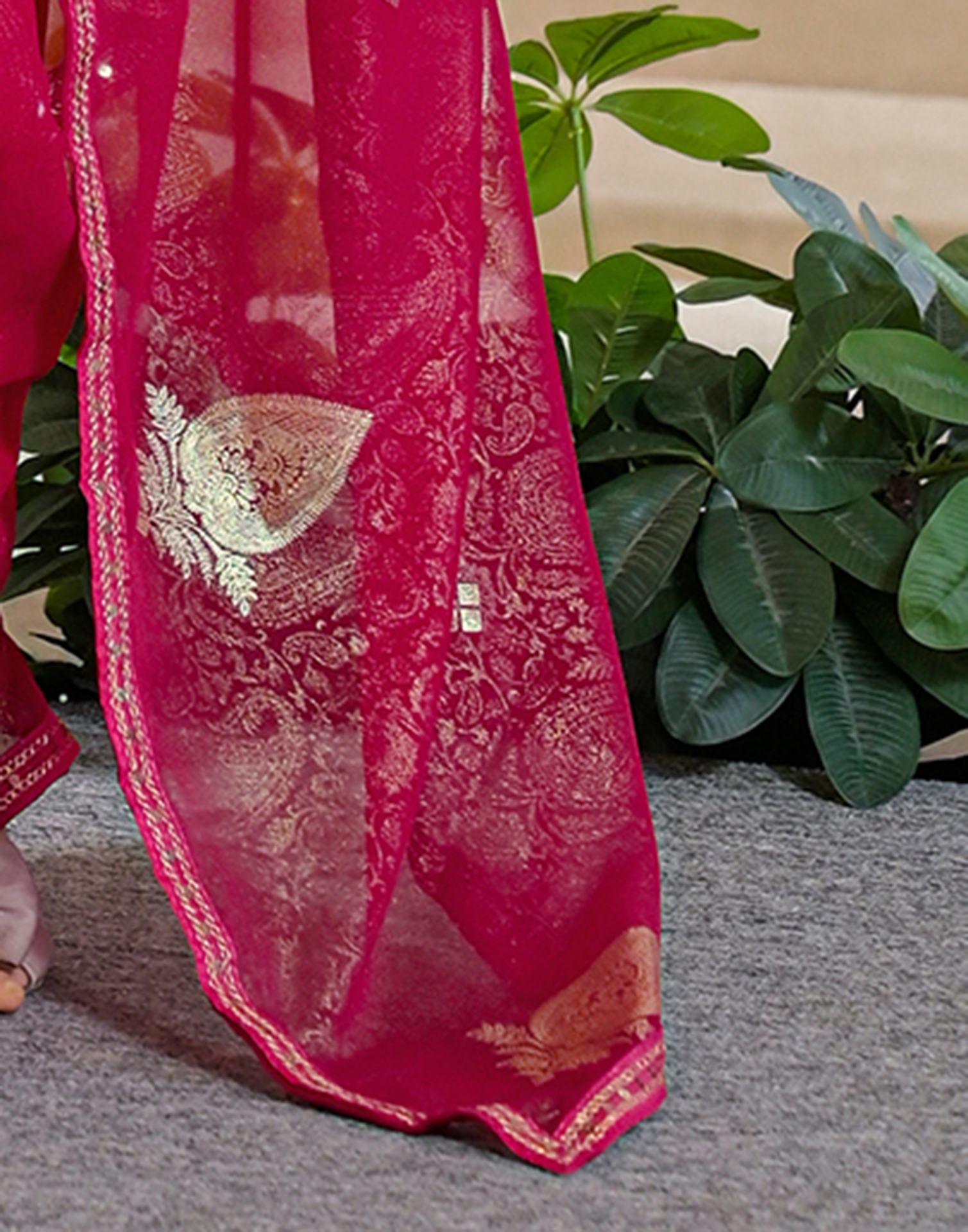 Rani Pink Georgette Foil Printed Lace Saree