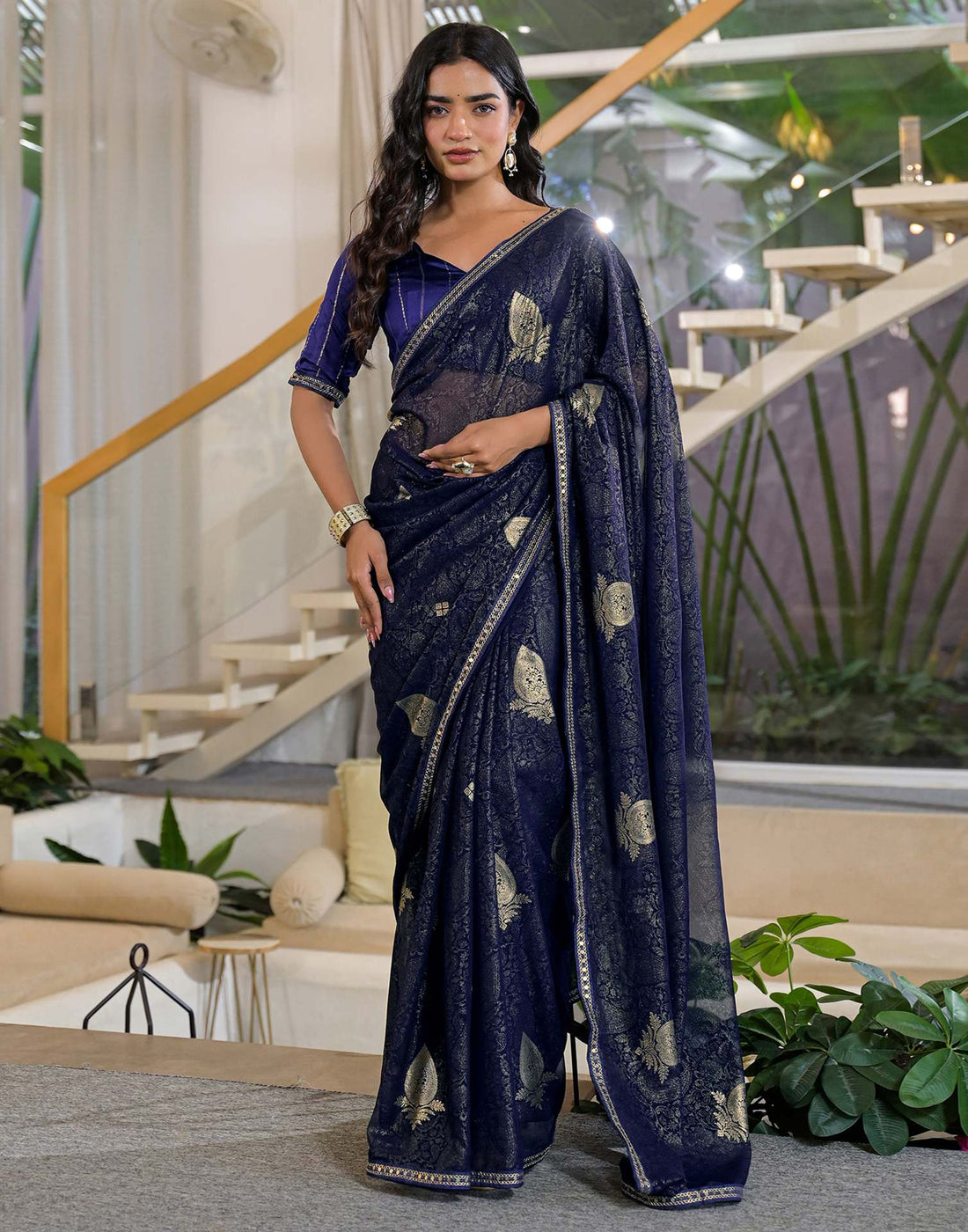 Navy Blue Georgette Foil Printed Lace Saree