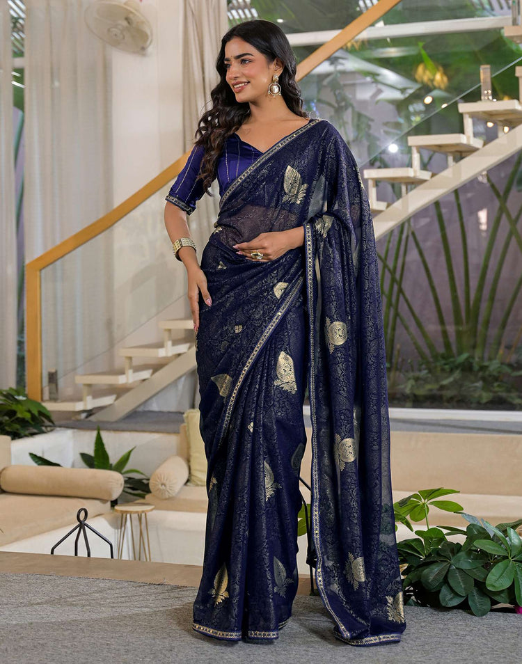 Navy Blue Georgette Foil Printed Lace Saree