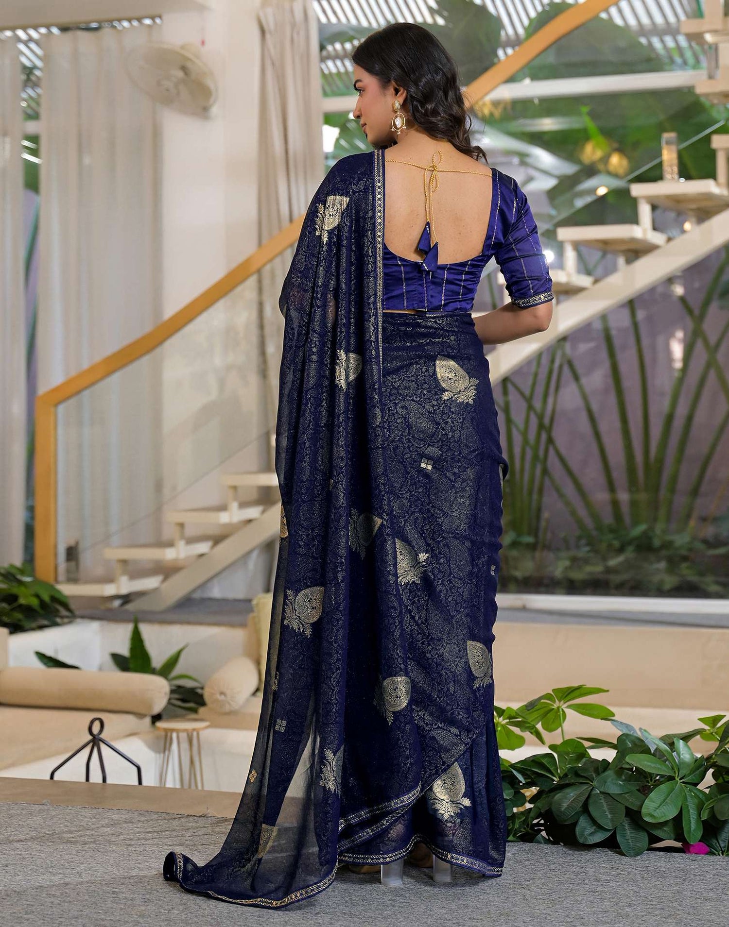 Navy Blue Georgette Foil Printed Lace Saree