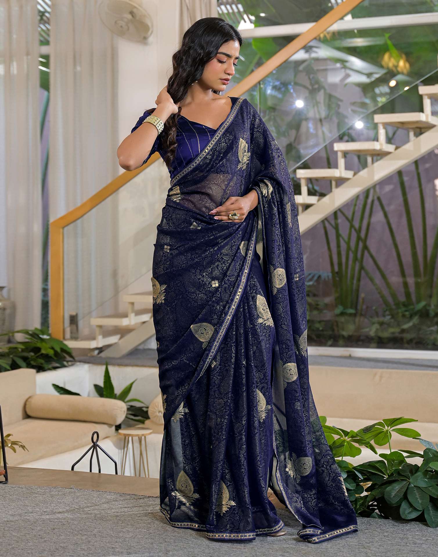 Navy Blue Georgette Foil Printed Lace Saree