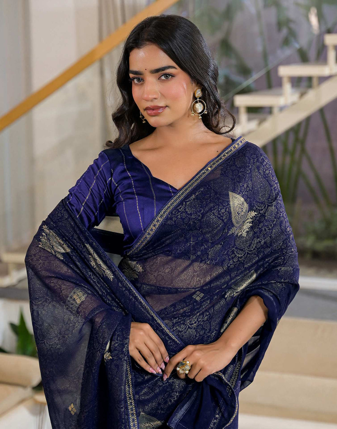 Navy Blue Georgette Foil Printed Lace Saree
