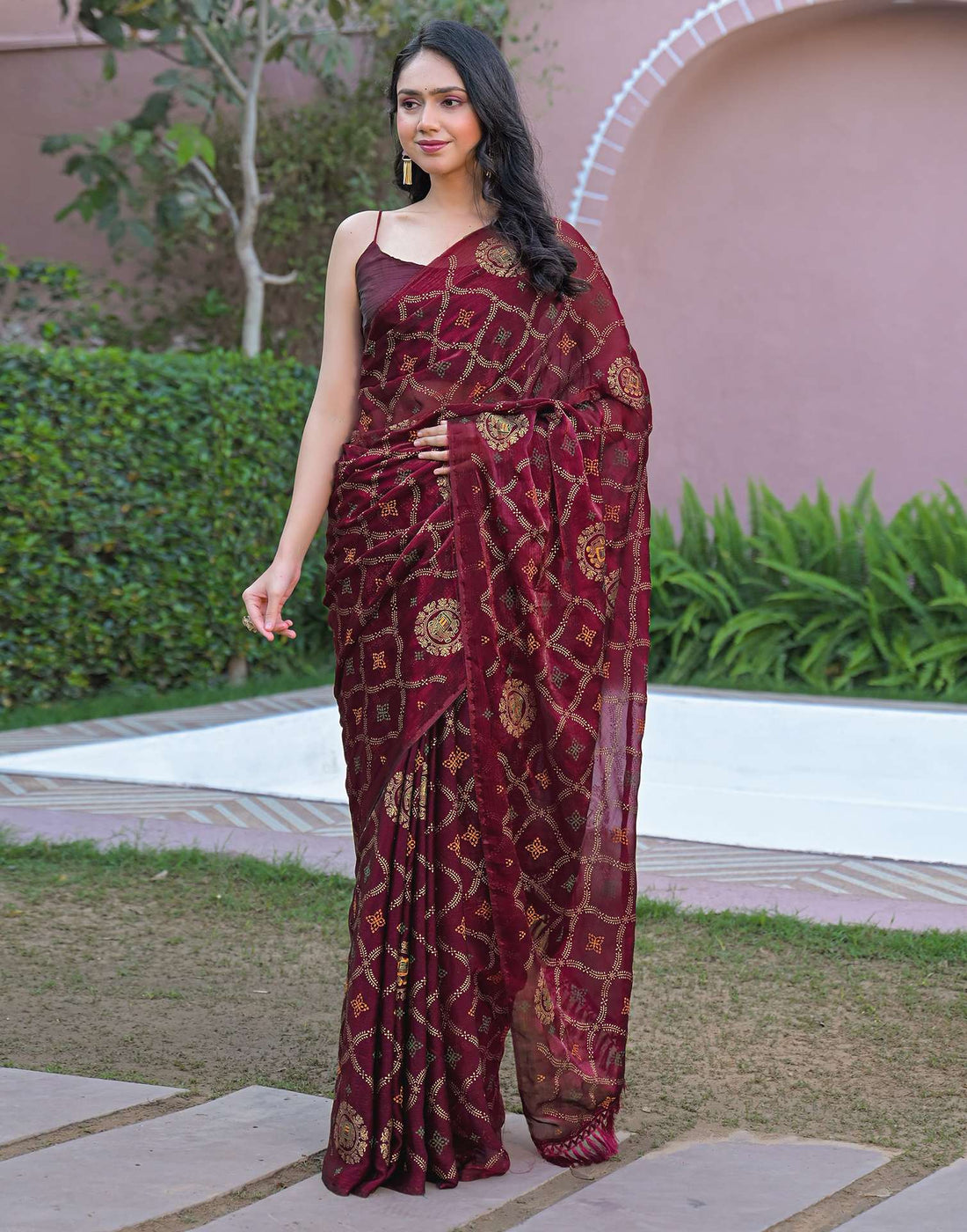 Magenta Chiffon Foil Printed Saree
