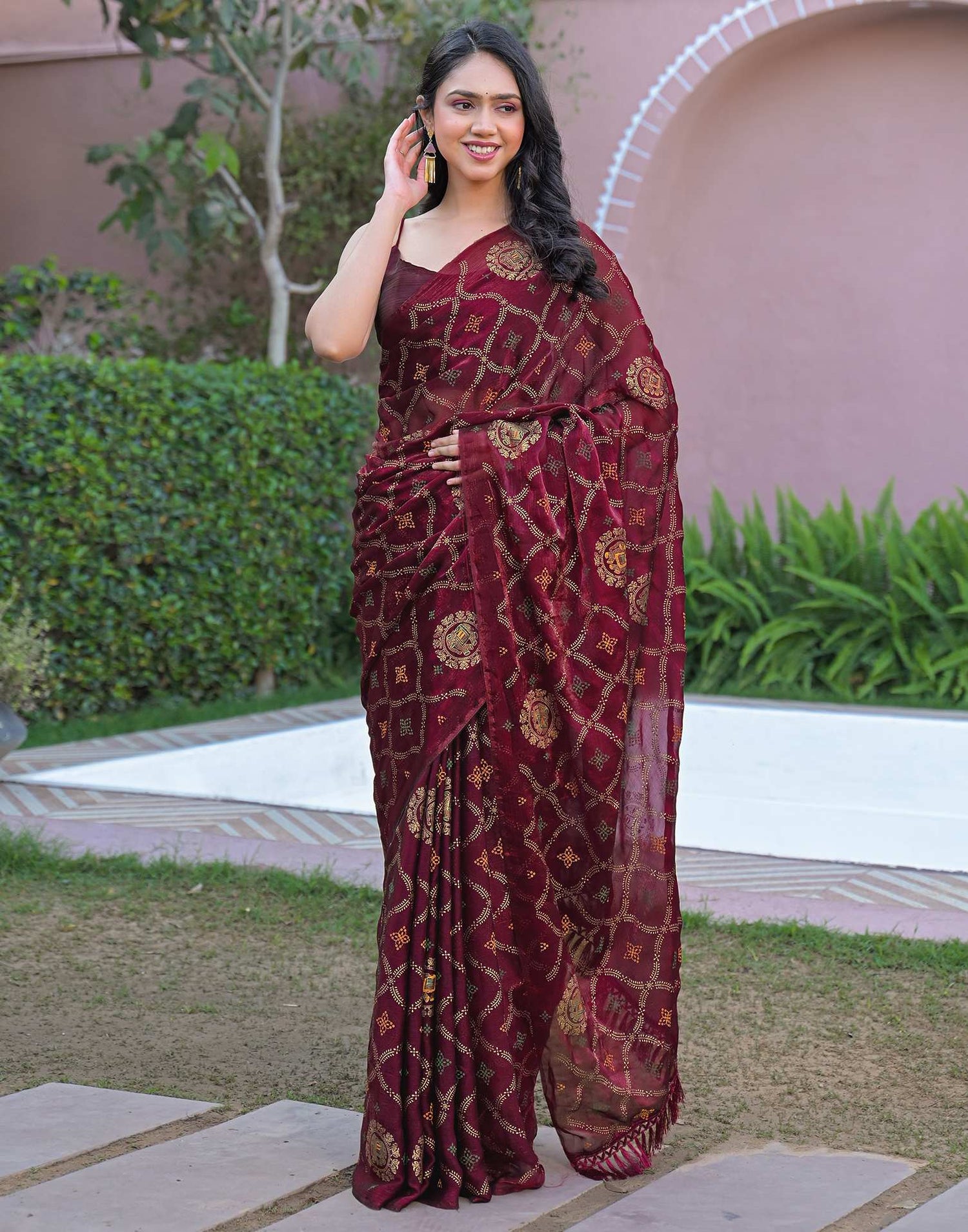 Magenta Chiffon Foil Printed Saree