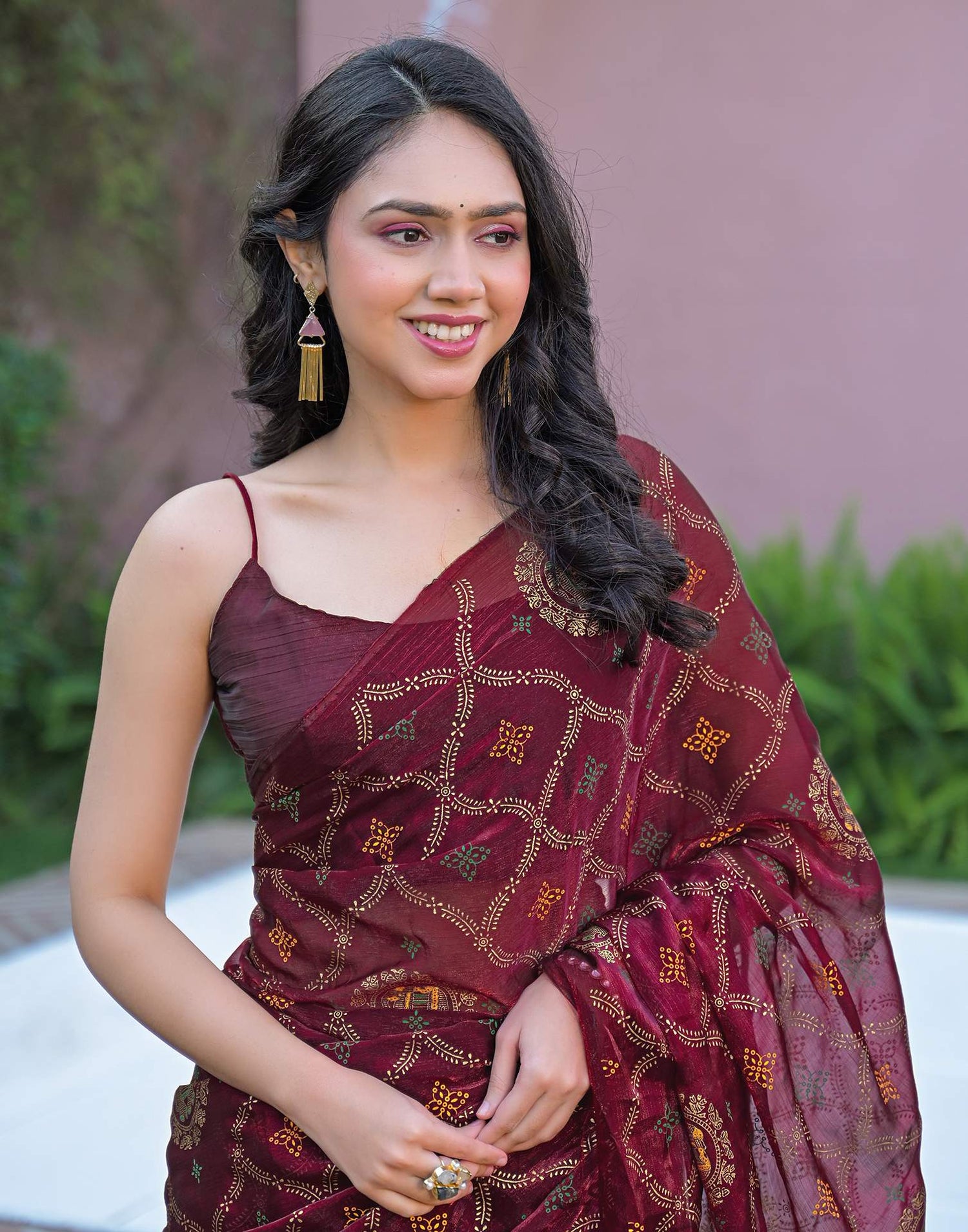 Magenta Chiffon Foil Printed Saree