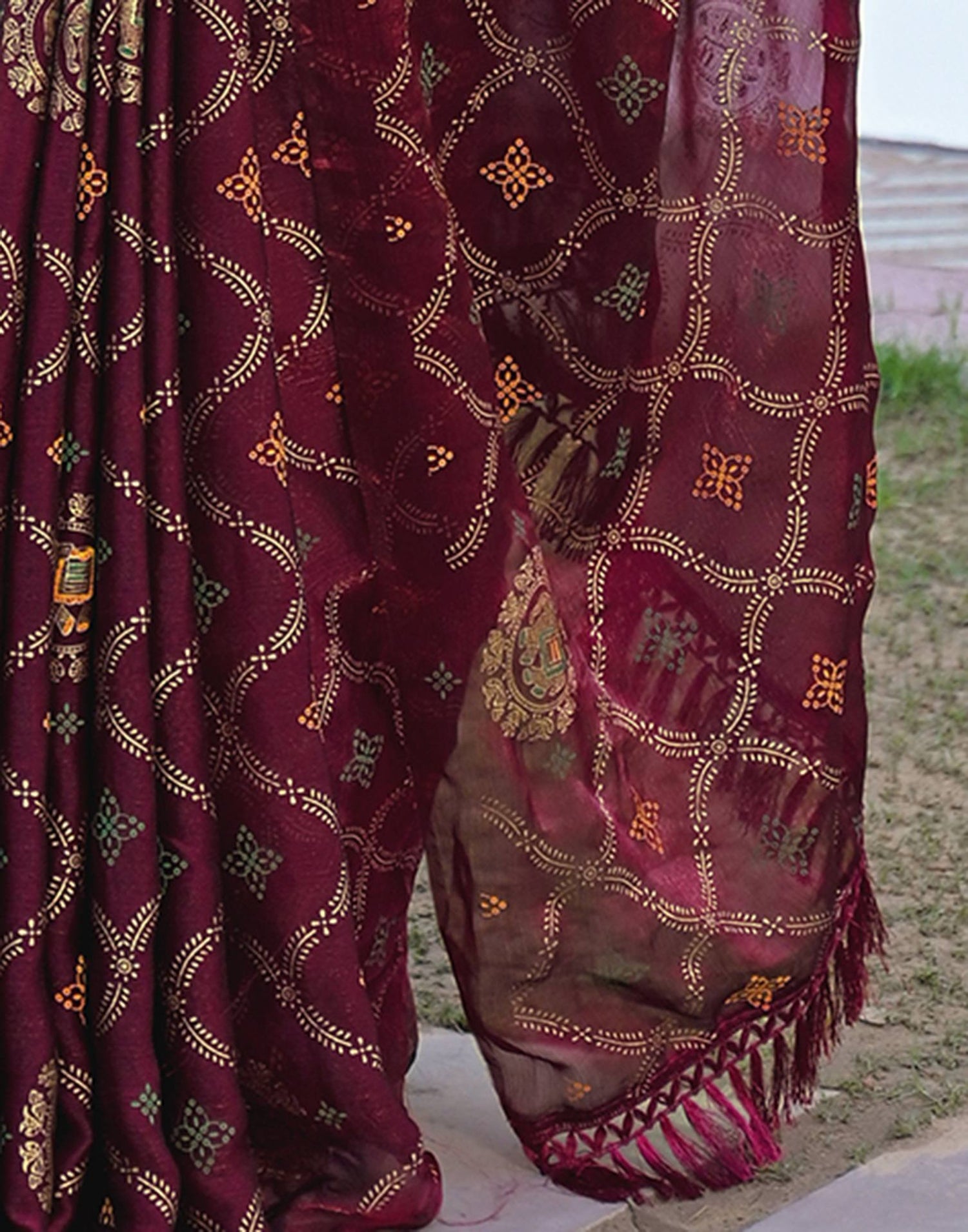 Magenta Chiffon Foil Printed Saree