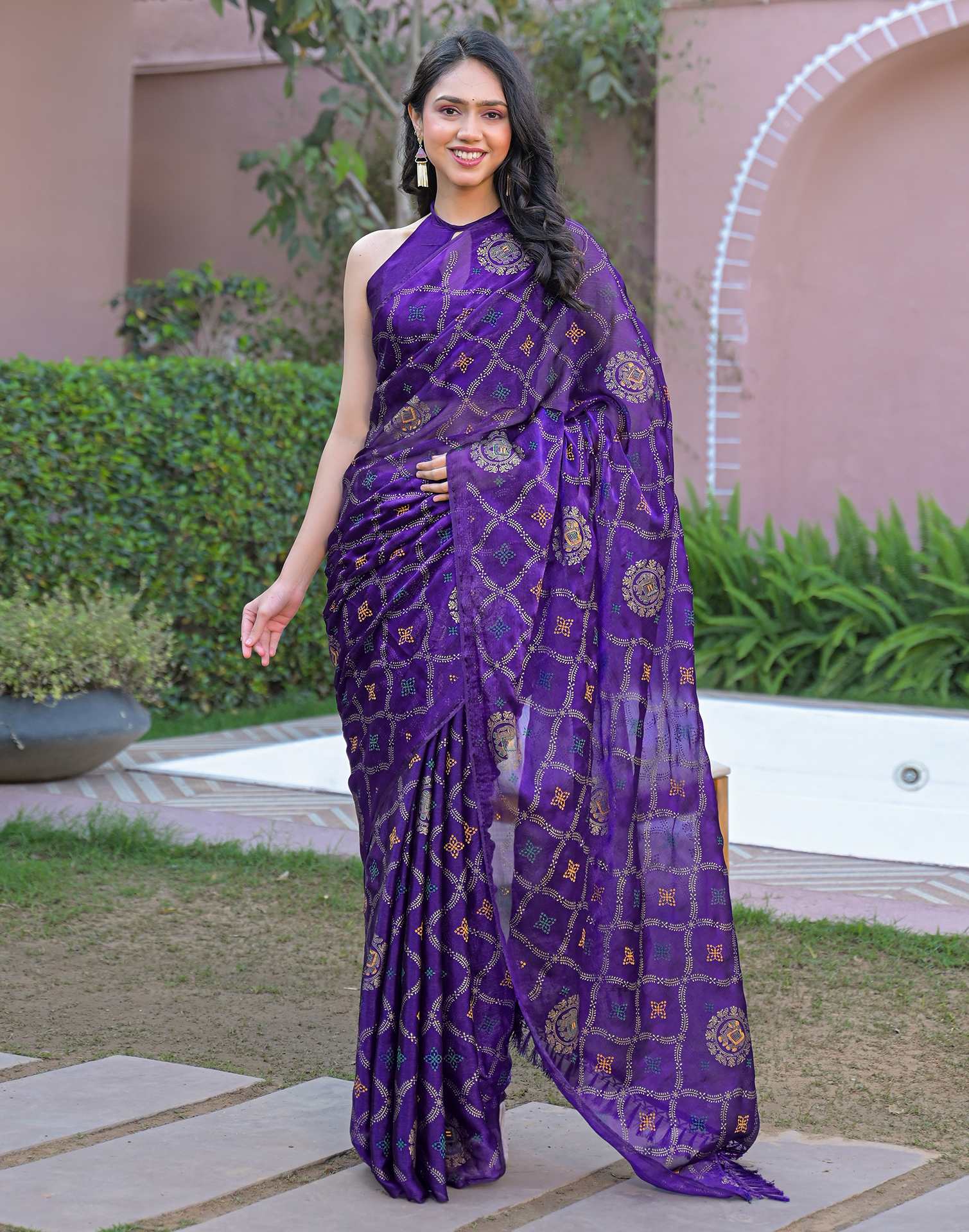 Violet Chiffon Foil Printed Saree