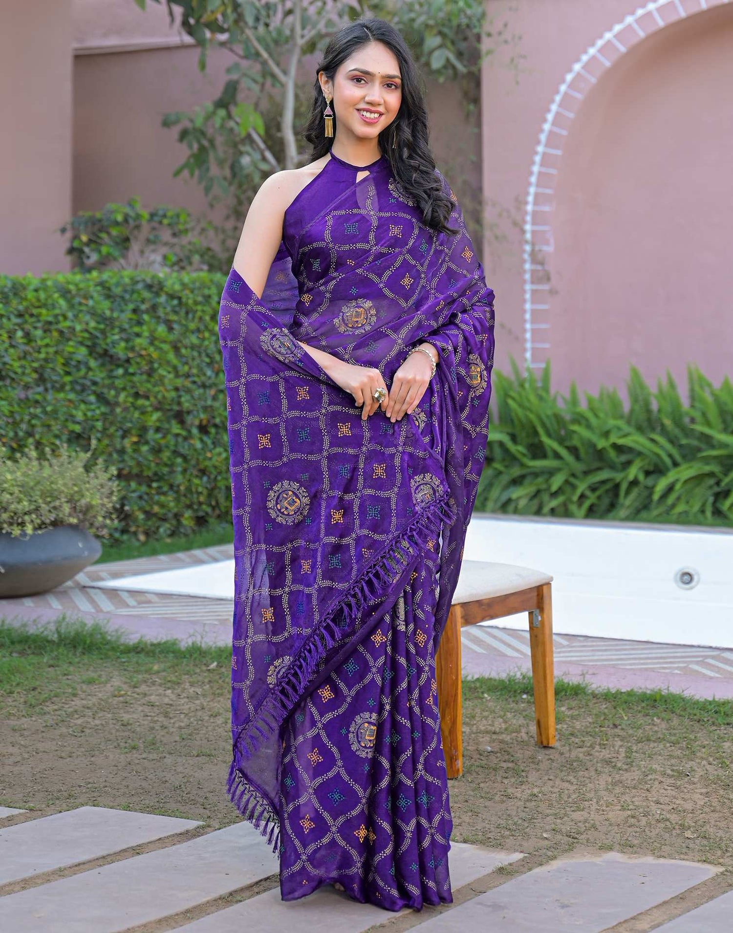 Violet Chiffon Foil Printed Saree