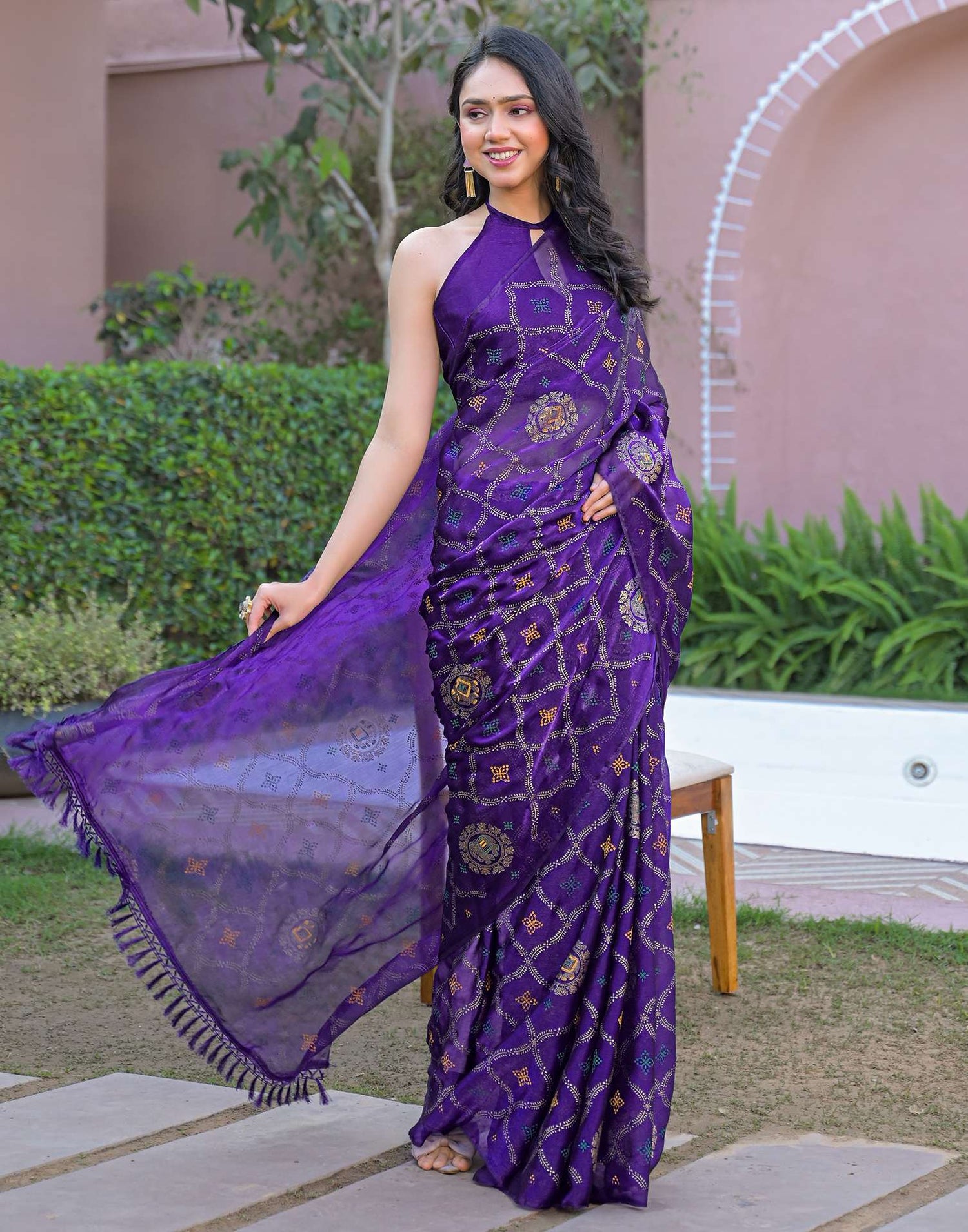 Violet Chiffon Foil Printed Saree