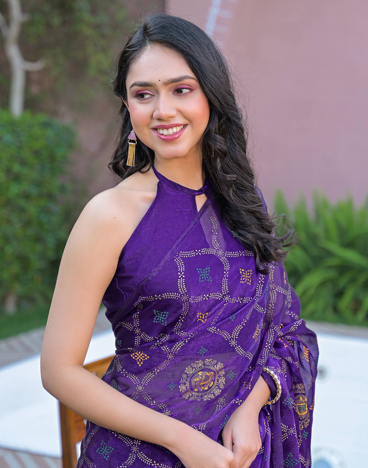 Violet Chiffon Foil Printed Saree