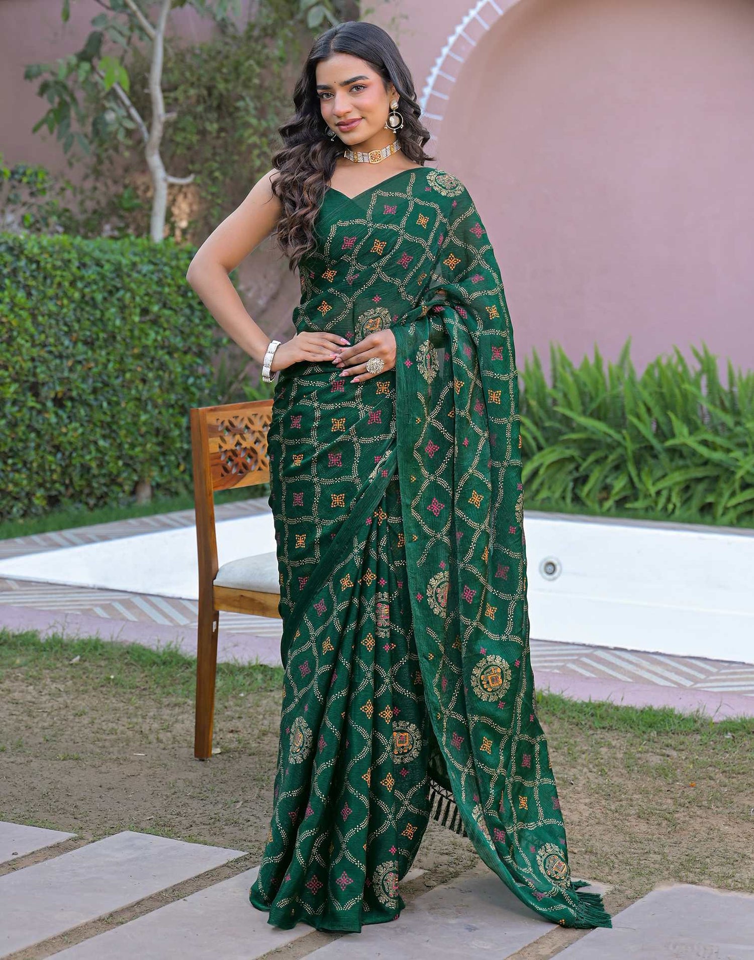 Green Chiffon Foil Printed Saree