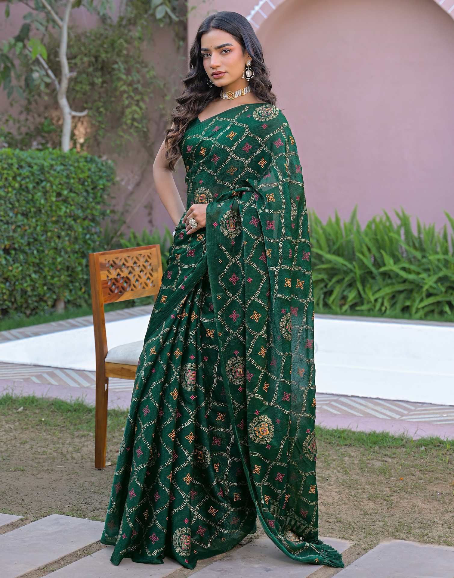 Green Chiffon Foil Printed Saree
