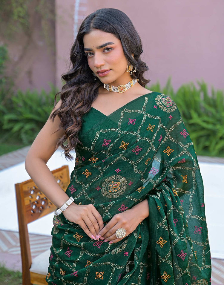 Green Chiffon Foil Printed Saree