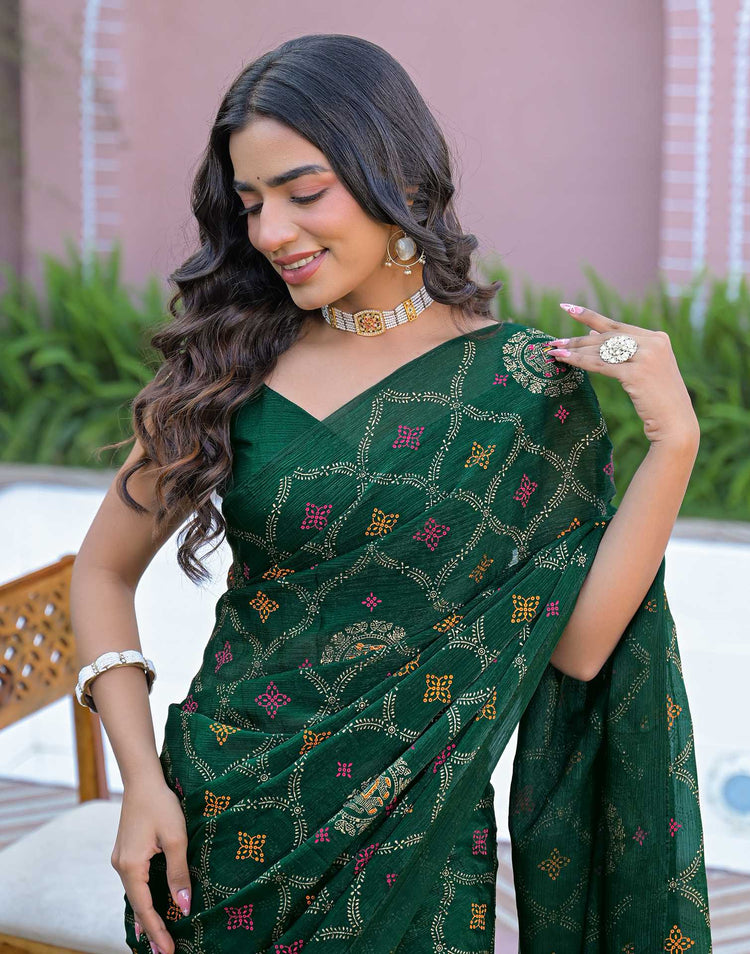 Green Chiffon Foil Printed Saree