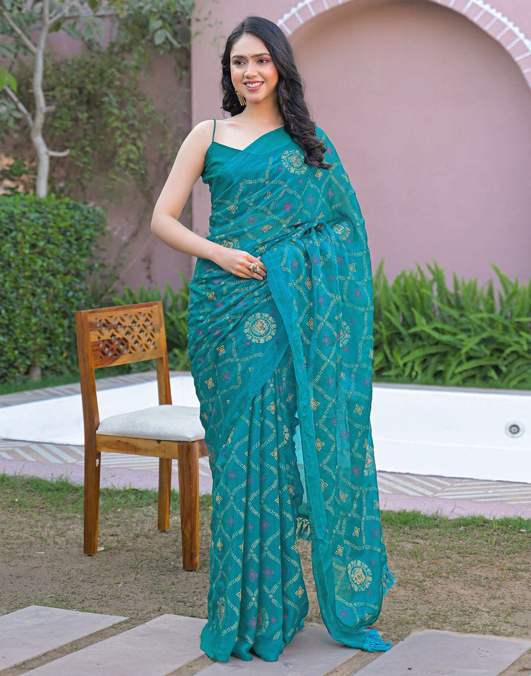 Teal Blue Chiffon Foil Printed Saree