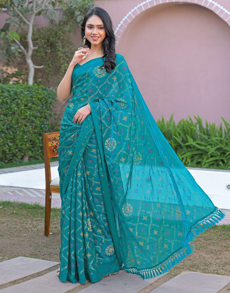 Teal Blue Chiffon Foil Printed Saree