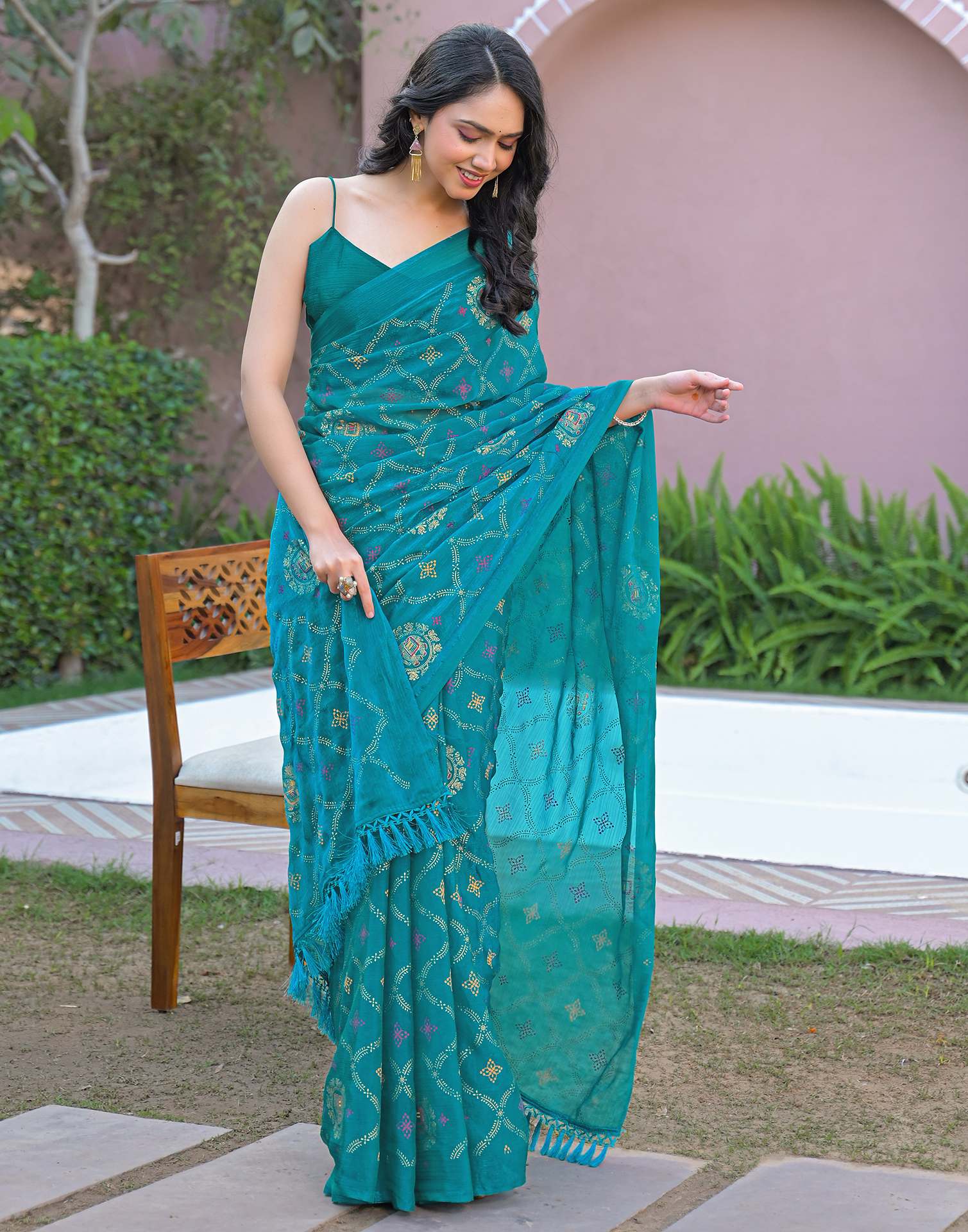 Teal Blue Chiffon Foil Printed Saree