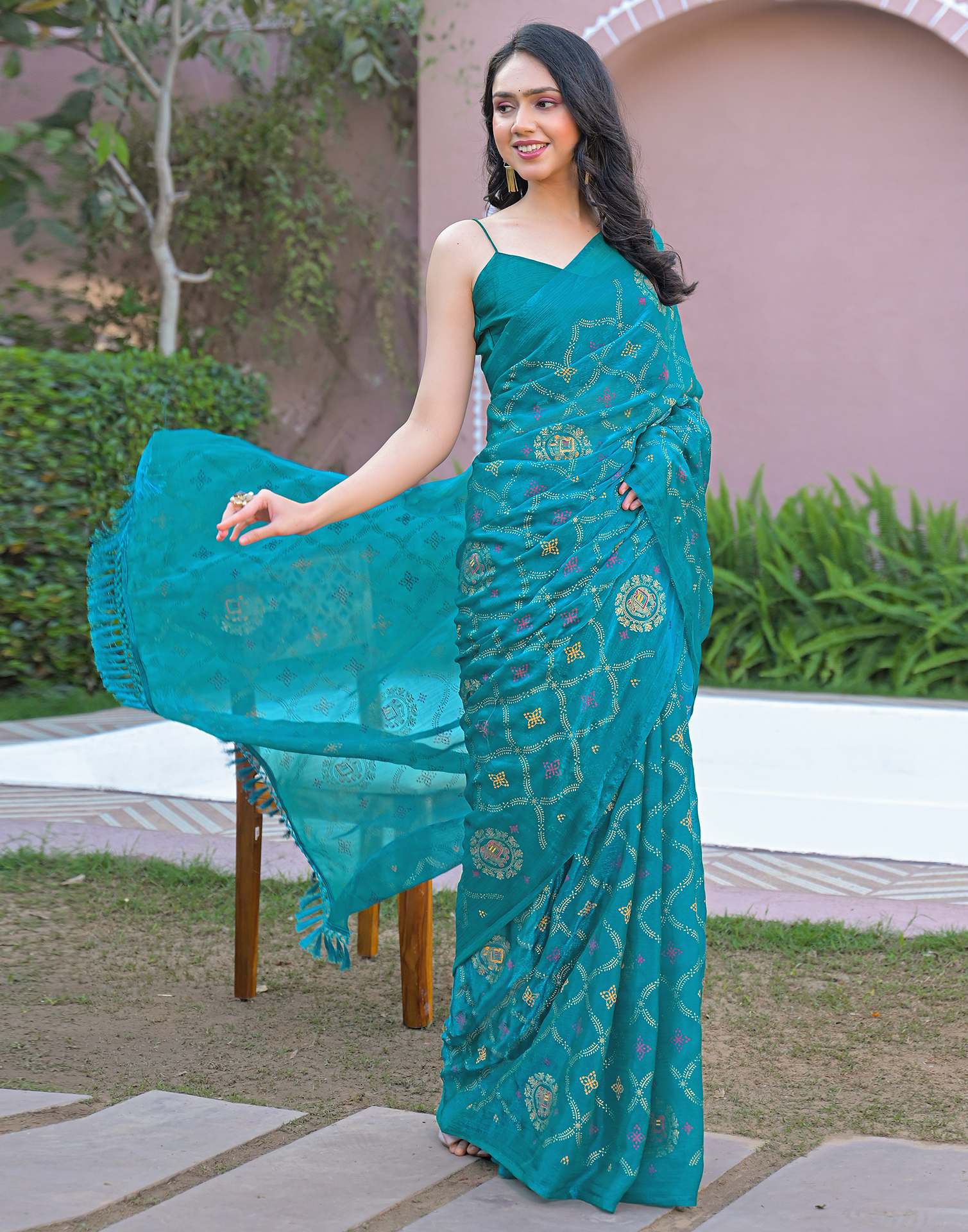 Teal Blue Chiffon Foil Printed Saree