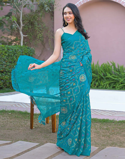Teal Blue Chiffon Foil Printed Saree