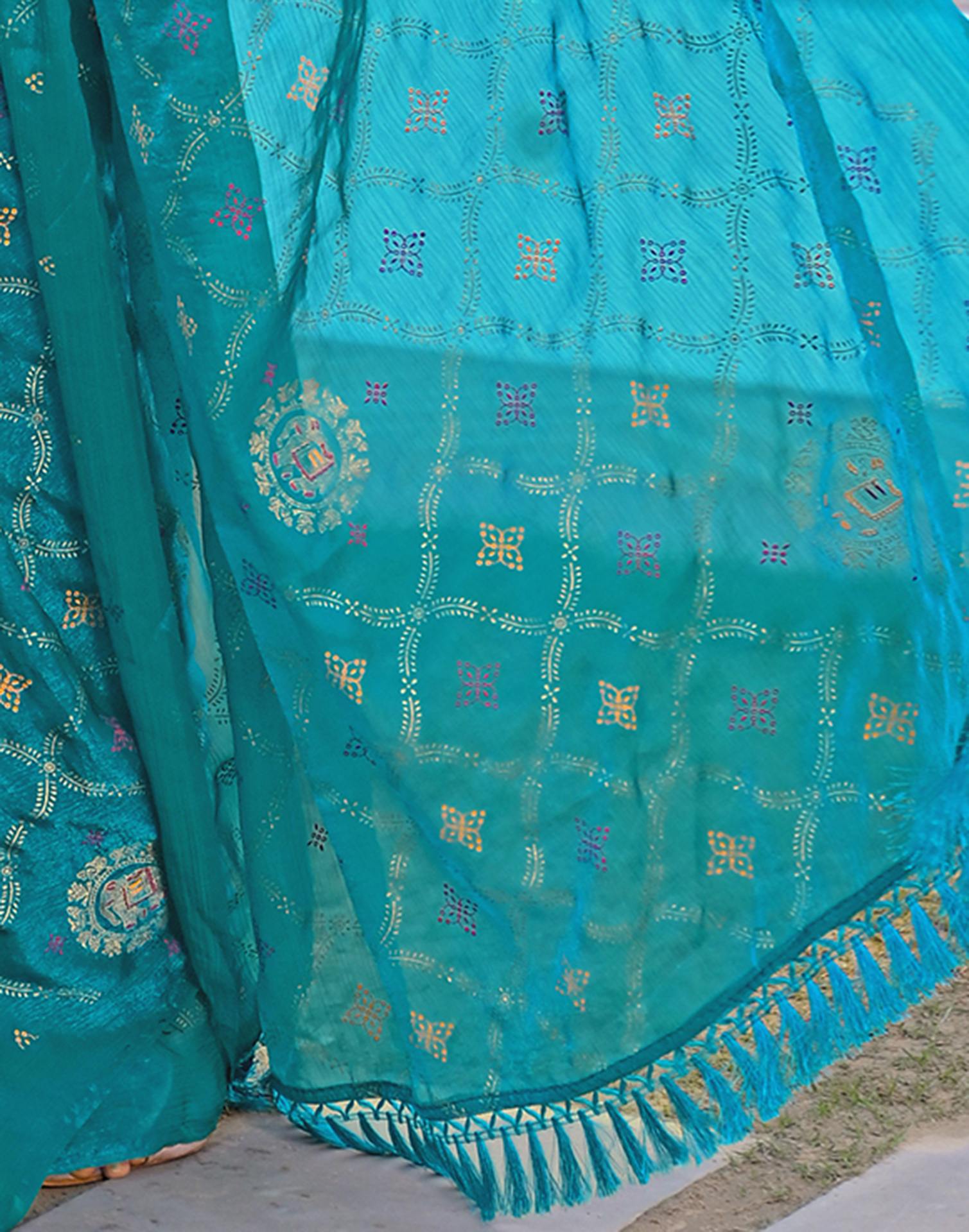 Teal Blue Chiffon Foil Printed Saree