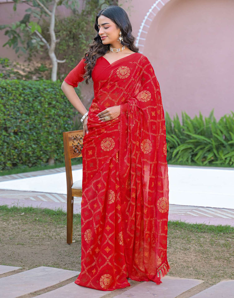 Red Chiffon Foil Printed Saree