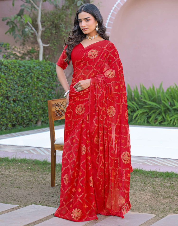 Red Chiffon Foil Printed Saree
