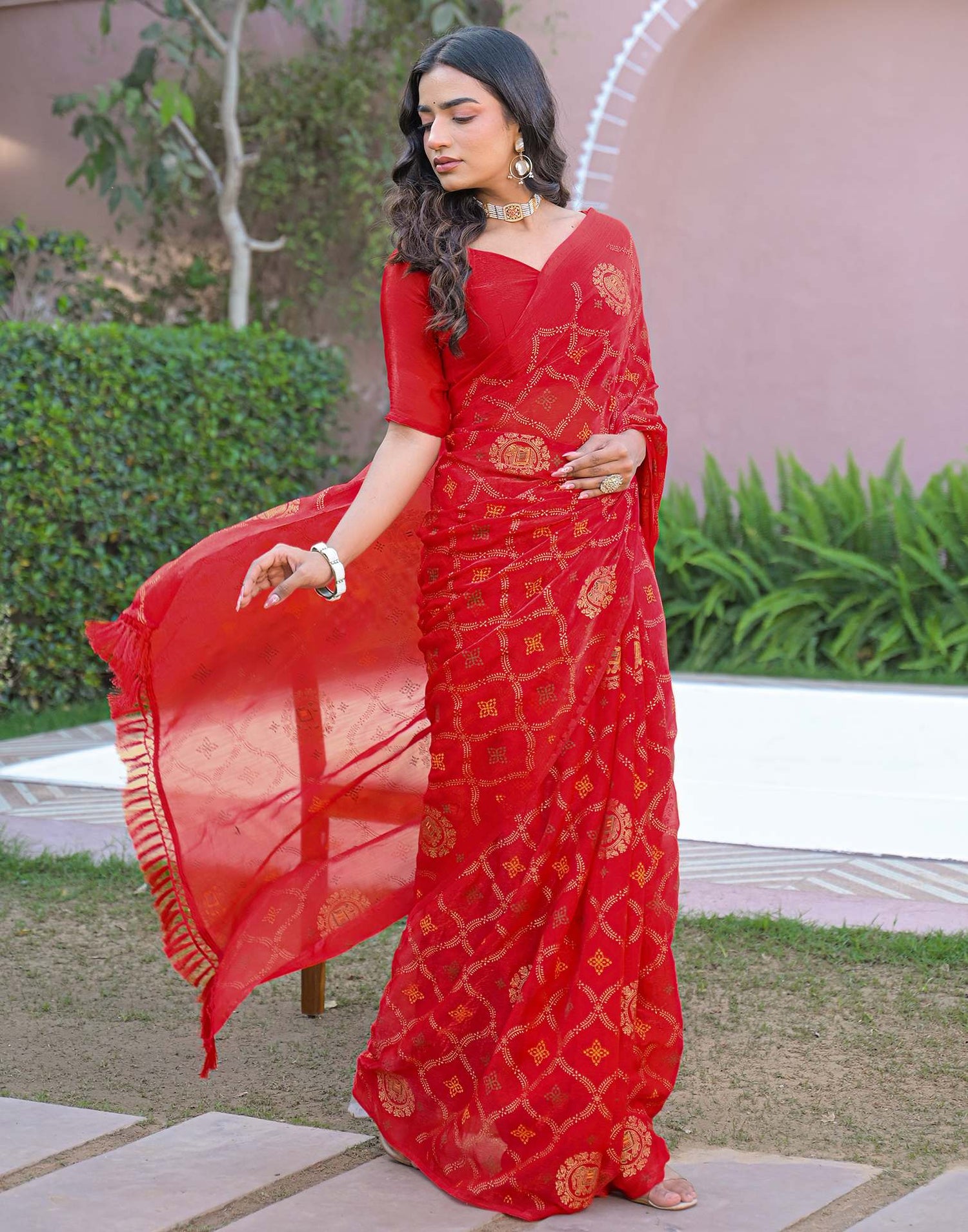 Red Chiffon Foil Printed Saree