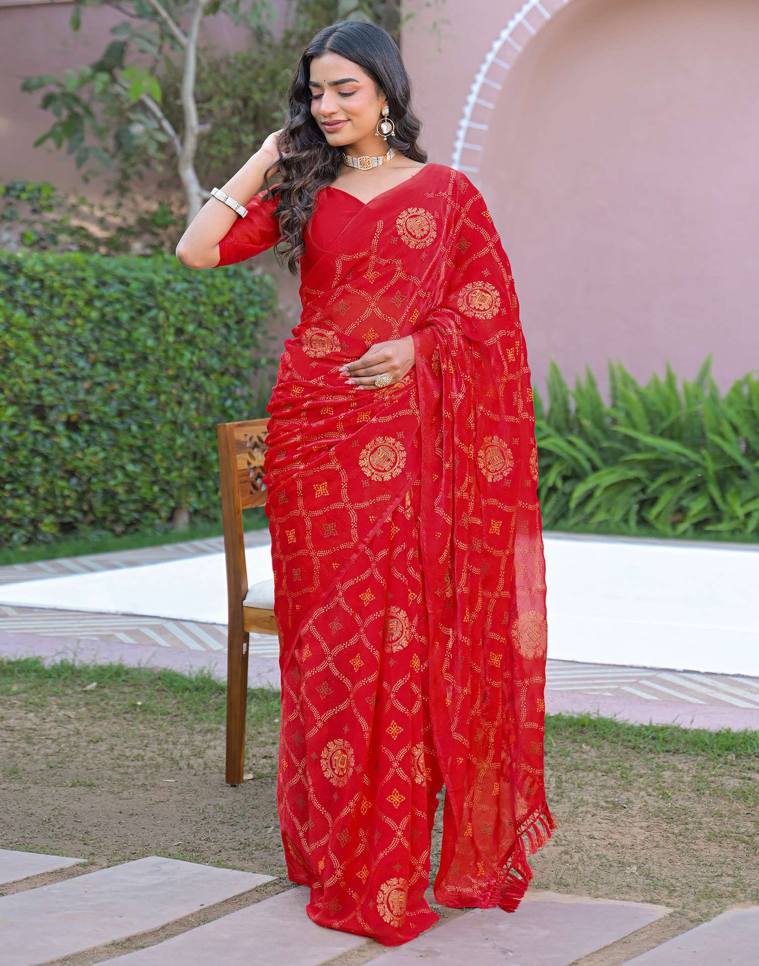 Red Chiffon Foil Printed Saree