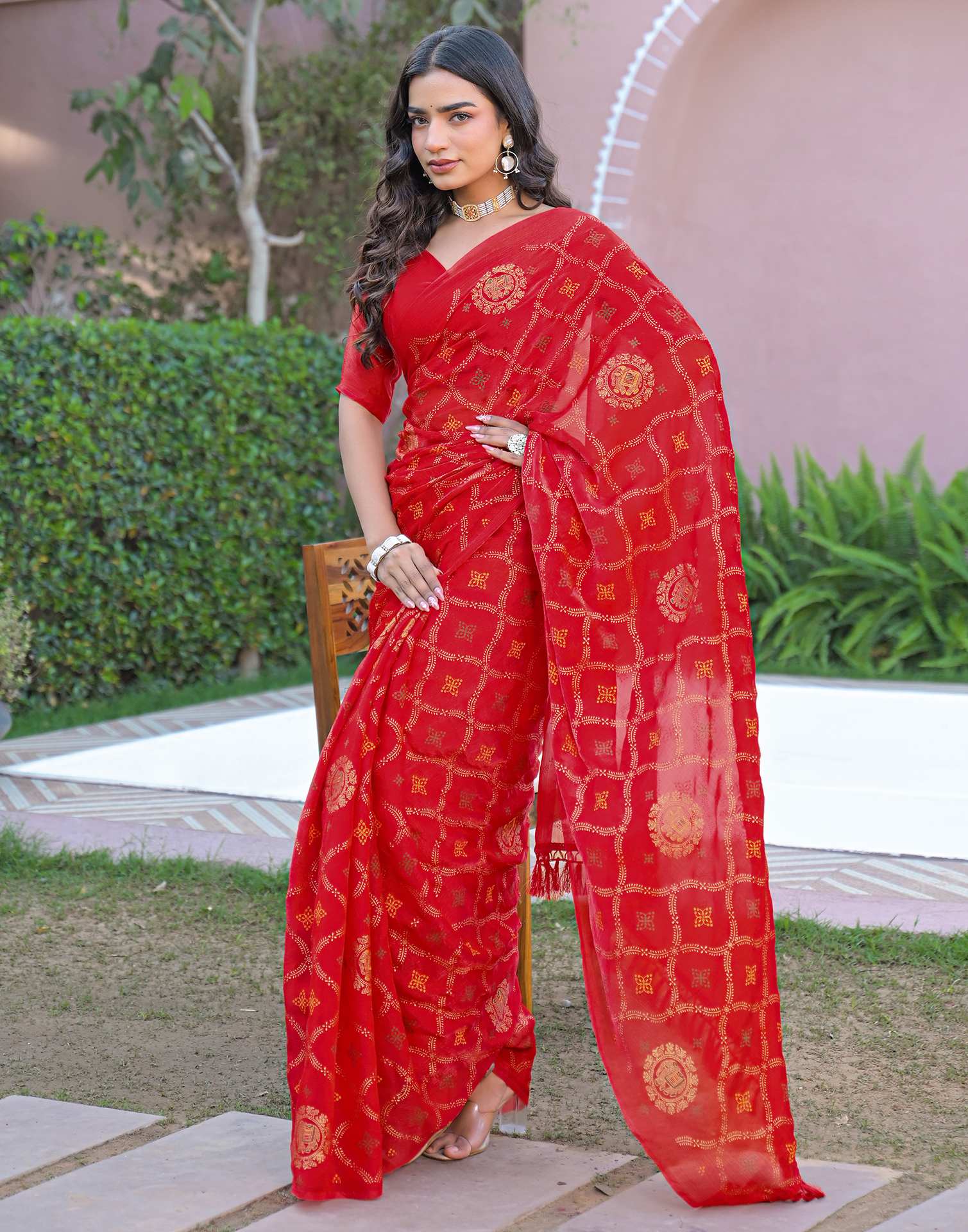 Red Chiffon Foil Printed Saree