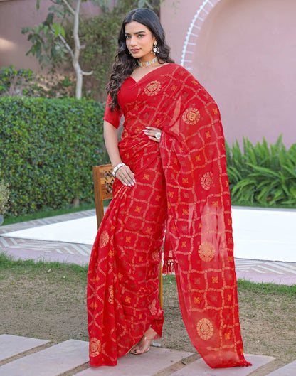 Red Chiffon Foil Printed Saree