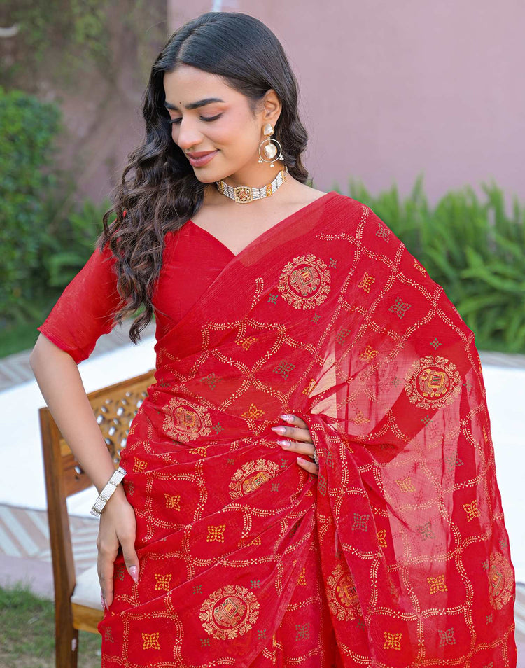 Red Chiffon Foil Printed Saree