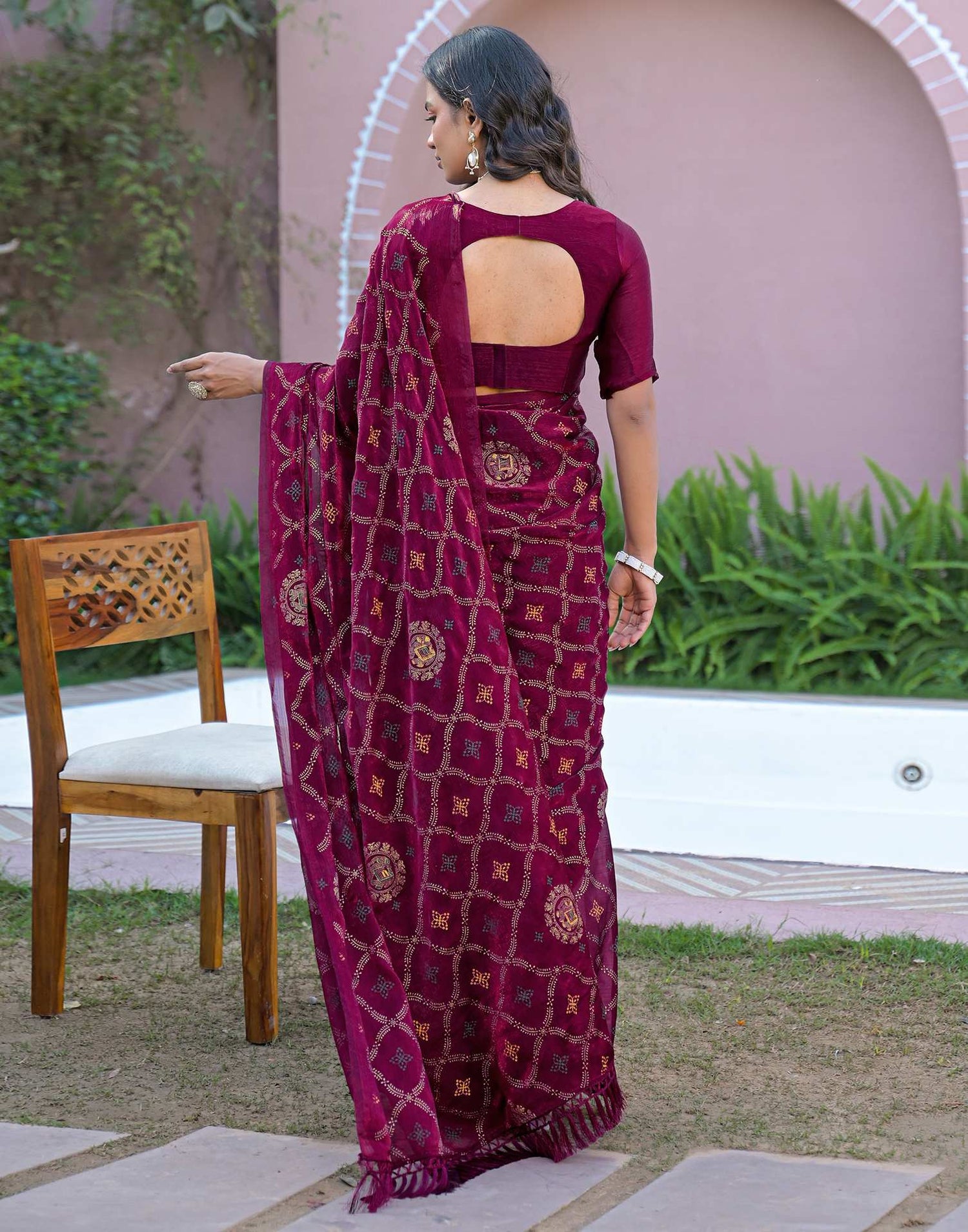 Dark Purple Chiffon Foil Printed Saree