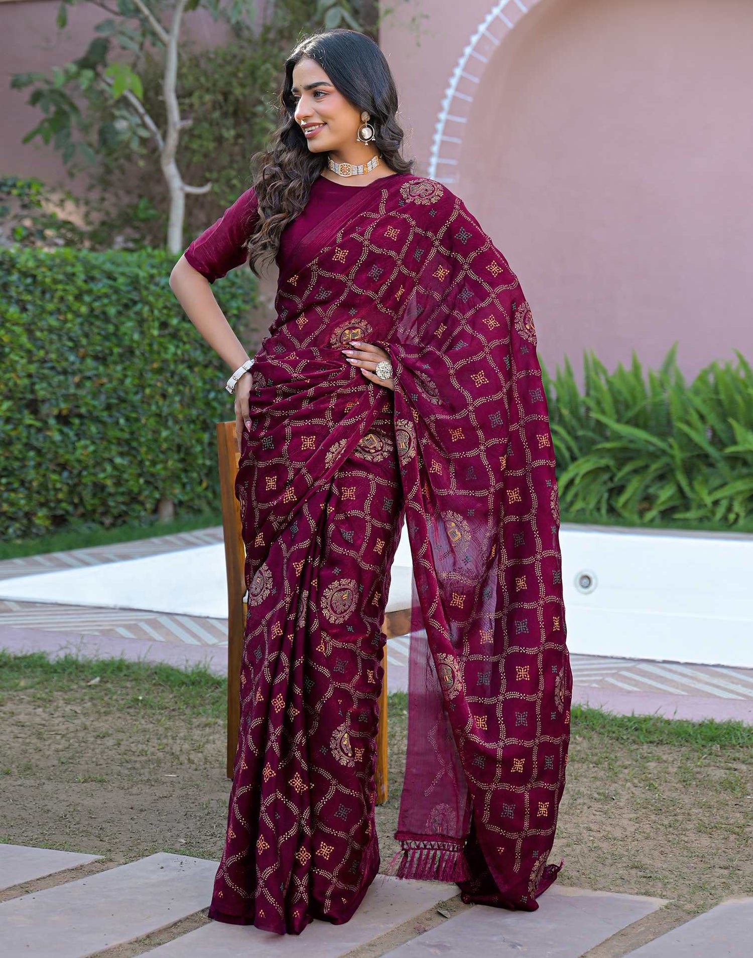 Dark Purple Chiffon Foil Printed Saree