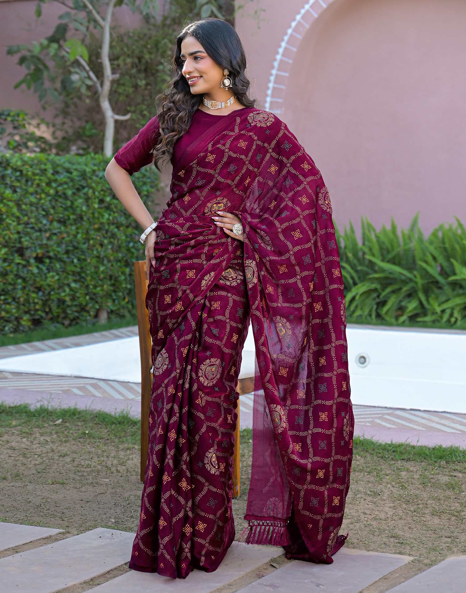 Dark Purple Chiffon Foil Printed Saree