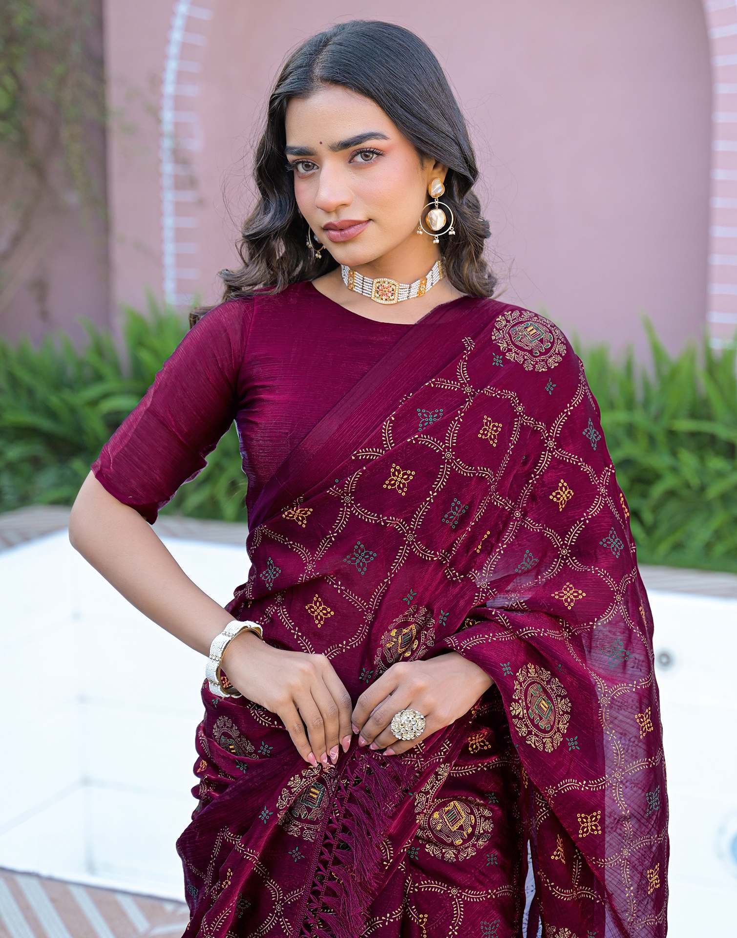 Dark Purple Chiffon Foil Printed Saree