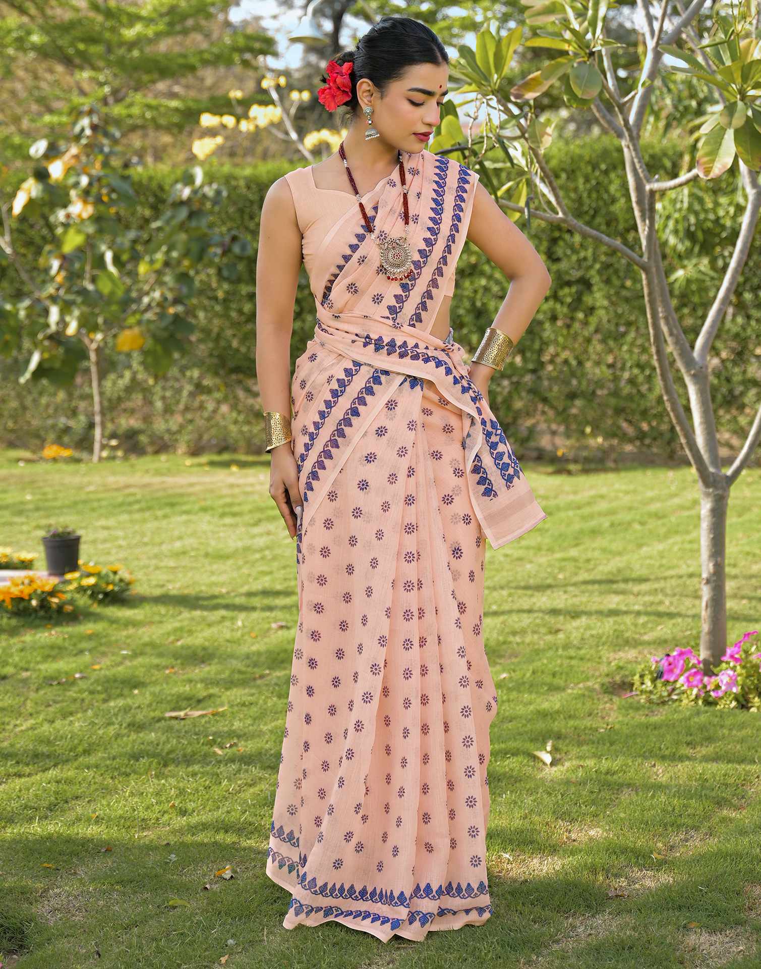 Peach Linen Printed Saree