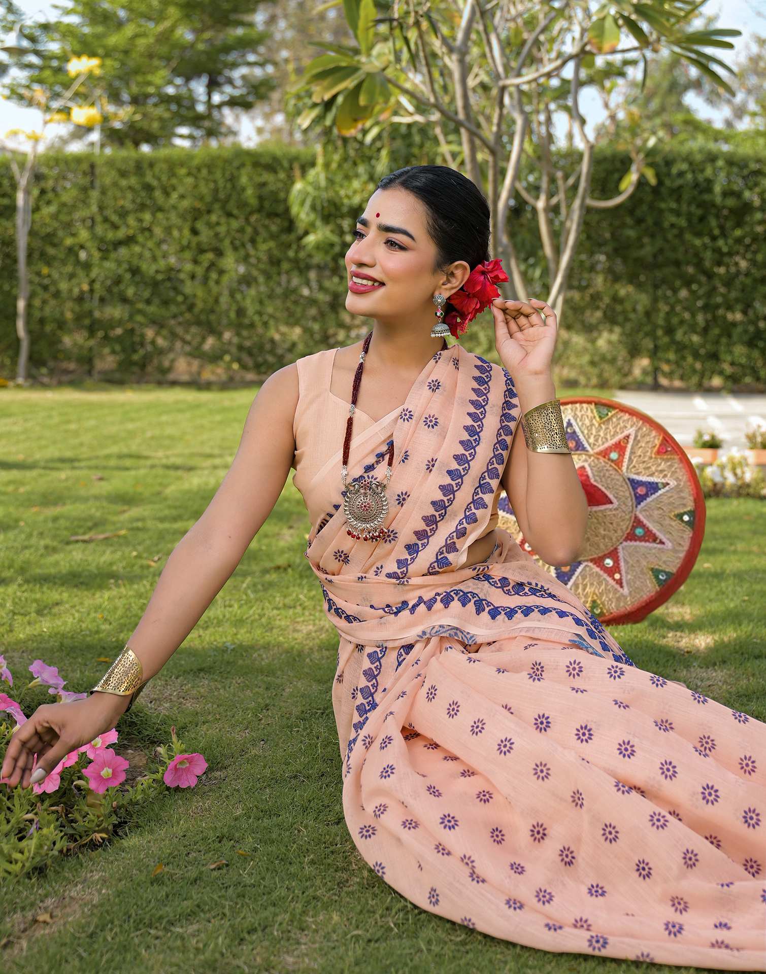 Peach Linen Printed Saree