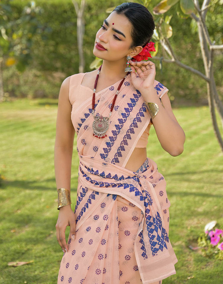 Peach Linen Printed Saree
