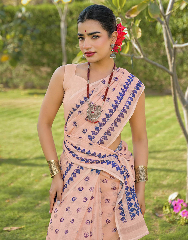 Peach Linen Printed Saree