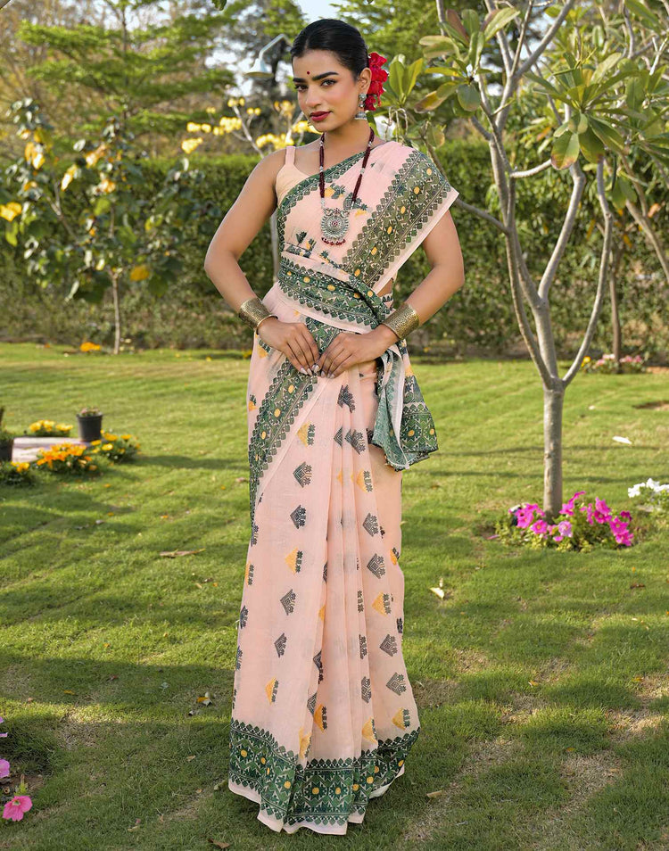 Peach Linen Printed Saree