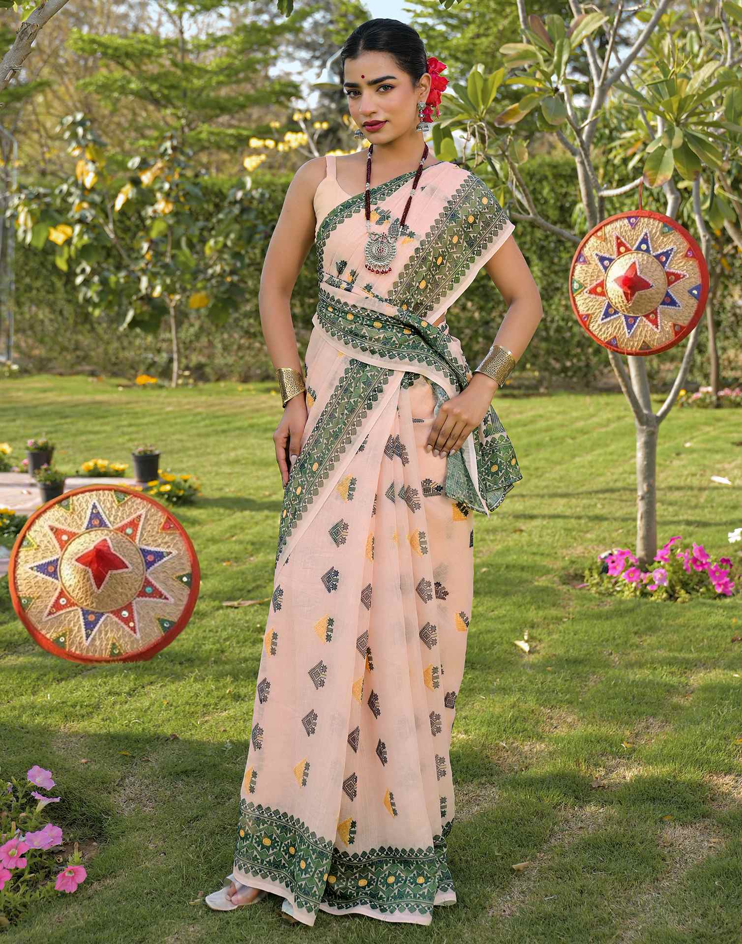 Peach Linen Printed Saree