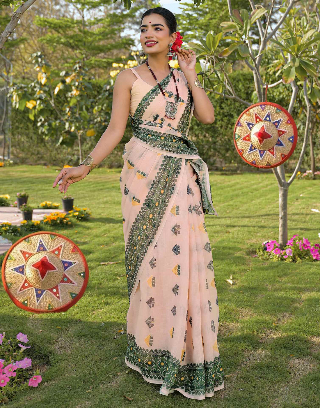 Peach Linen Printed Saree