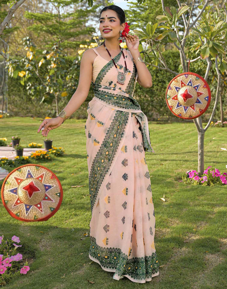 Peach Linen Printed Saree