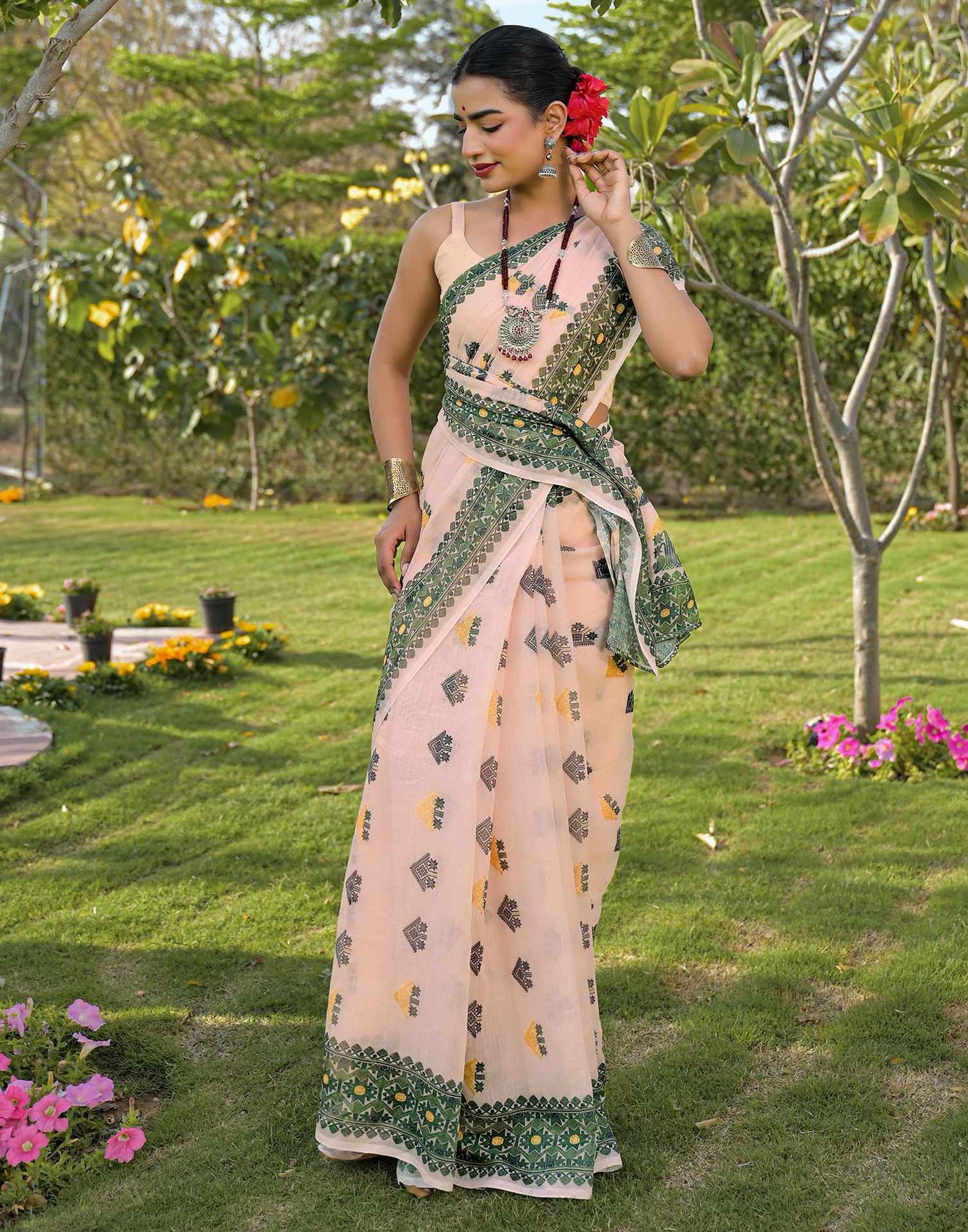 Peach Linen Printed Saree